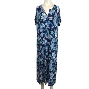 J. JILL - WOMEN'S LARGE PETITE - NAVY FLORAL SHORT SLEEVE V NECK STRETCH DRESS
